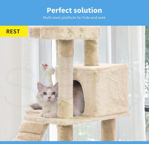 A beige multi-level cat tree with a fluffy cat sitting on one of the platforms, set in front of a window with sheer curtains. A blue banner at the top reads 'Perfect solution Multi-level platform for hide and seek', and a yellow 'REST' label is on the left at Pet Servo