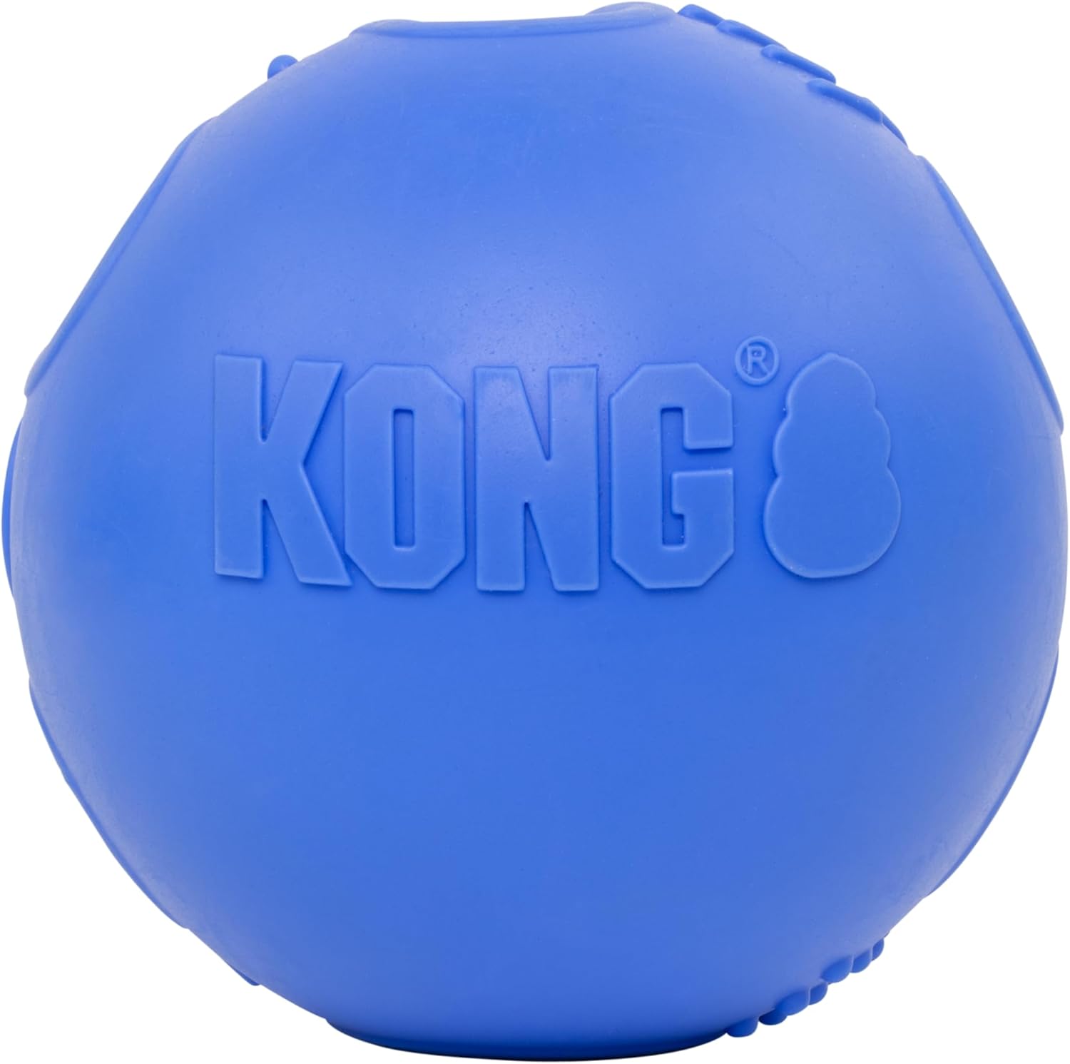 A blue rubber Kong dog toy ball with the brand name embossed on the front, shown against a plain white background at Pet Servo