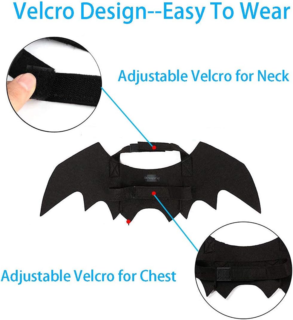 Black bat-wing shaped vest or costume accessory with text callouts explaining Velcro design for neck and chest, plus two circular inset close-ups showing the adjustable Velcro straps at Pet Servo