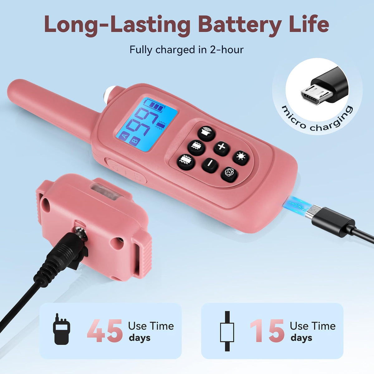Pink electronic device with charging cable and battery icon on a light blue background