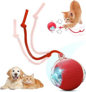Red pet toy with a ball and string, featuring a dog and cat on a white background at Pet Servo