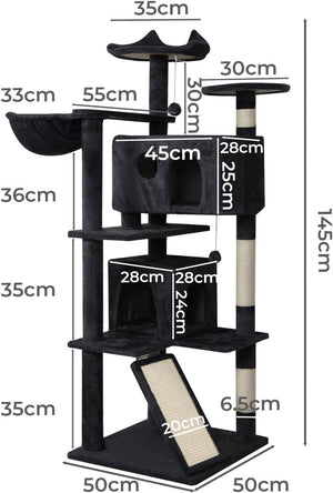 Black cat tree with multiple levels, perches, a scratching post, and a bed, shown with overlaid dimension labels and measurements on a white background at Pet Servo