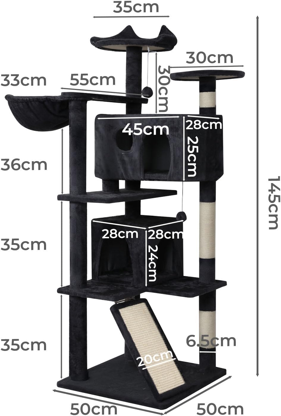Black cat tree with multiple levels, perches, a scratching post, and a bed, shown with overlaid dimension labels and measurements on a white background at Pet Servo