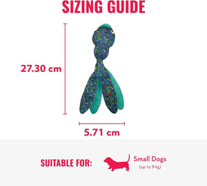 A sizing guide graphic for a knotted fabric dog toy, showing the toy with red dimension lines indicating 27.30 cm height and 5 at Pet Servo