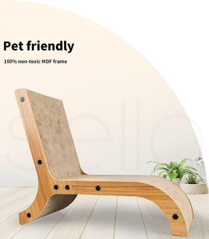 A curved wooden pet scratching chair with a natural MDF frame and woven sisal rope panels, shown on a light floor against a cream background with text reading 'Pet friendly' and '100% non-toxic MDF frame' at Pet Servo