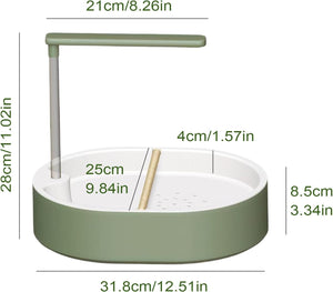 Green and white kitchen sink with dimensions labeled on a white background at Pet Servo