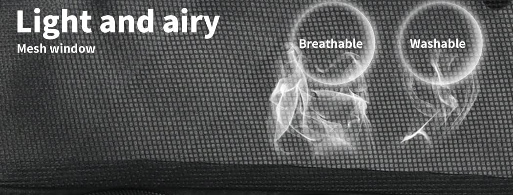 Text on a textured surface describing features of a product, including 'Light and airy', 'Mesh window', 'Breathable', and 'Washable' at Pet Servo