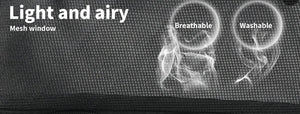 Text on a textured surface describing features of a product, including 'Light and airy', 'Mesh window', 'Breathable', and 'Washable' at Pet Servo