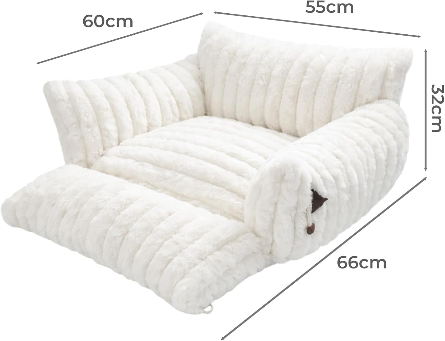 Measurement chart of a white pet bed with dimensions labeled at Pet Servo