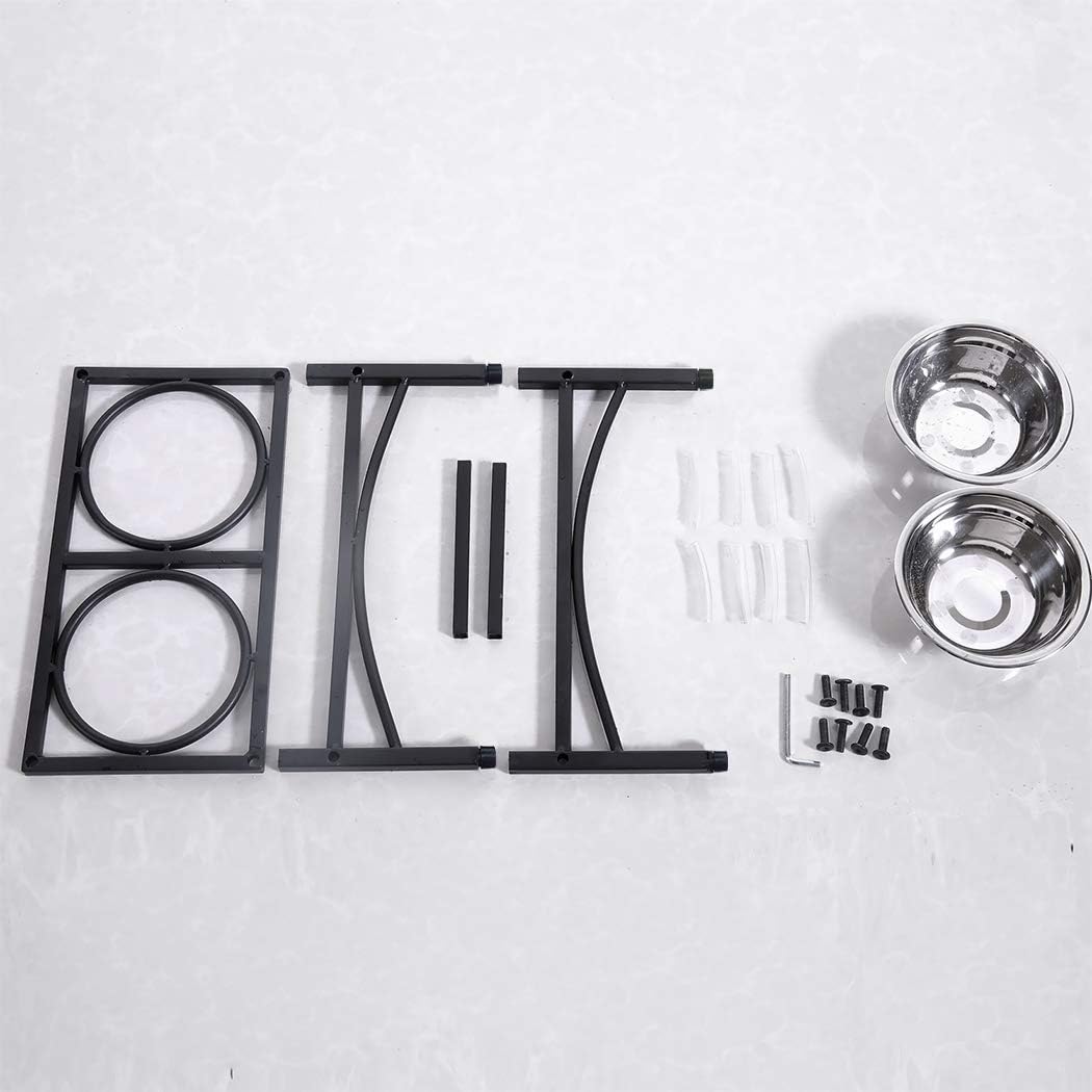 Black metal pet feeder stand kit with two bowls, mounting brackets, and small hardware pieces on a light gray background at Pet Servo