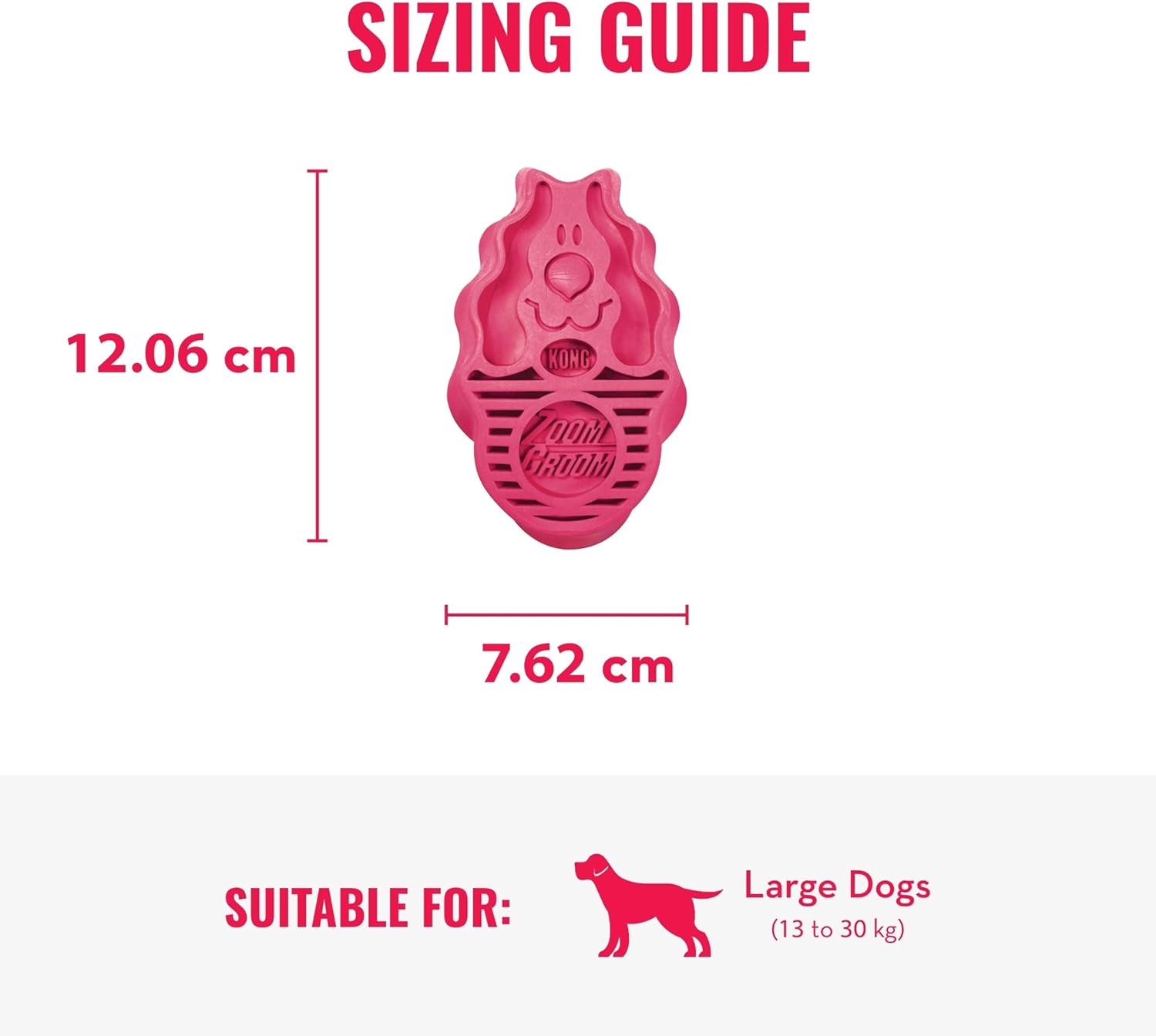Sizing guide for a pink dog toy with dimensions and suitability for large dogs at Pet Servo