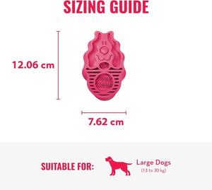 Sizing guide for a pink dog toy with dimensions and suitability for large dogs at Pet Servo