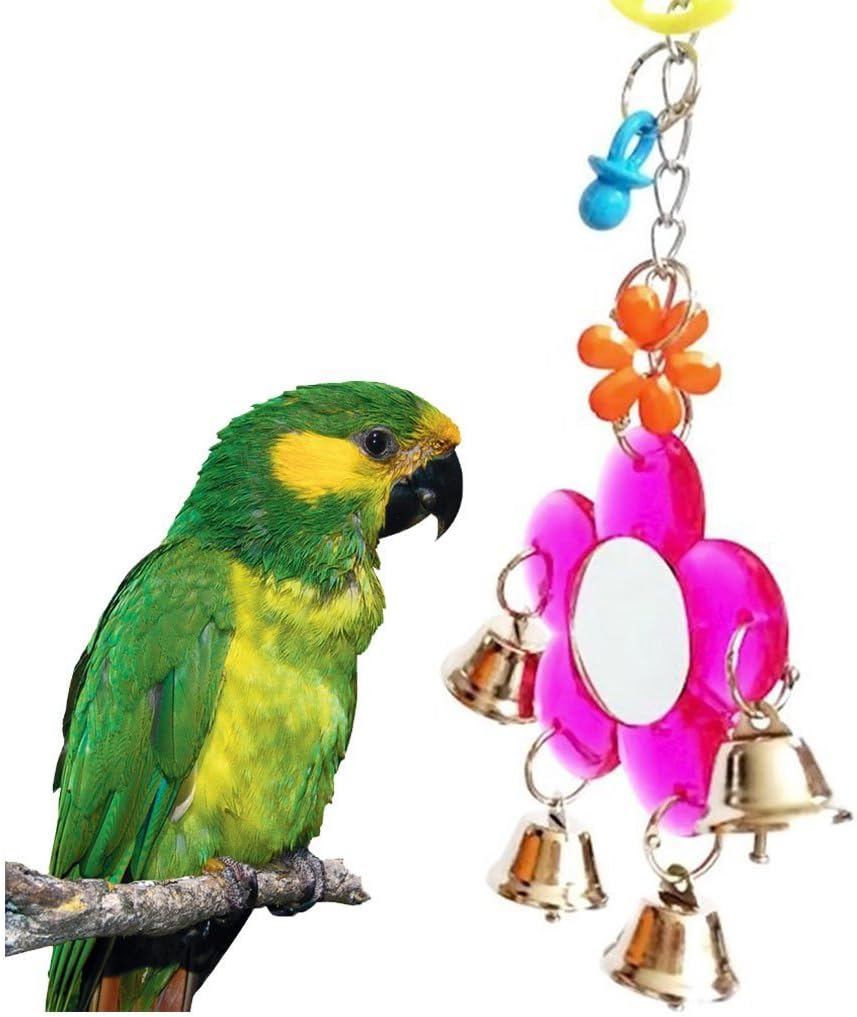 Green parrot perched next to a colorful bird toy with bells on a white background at Pet Servo