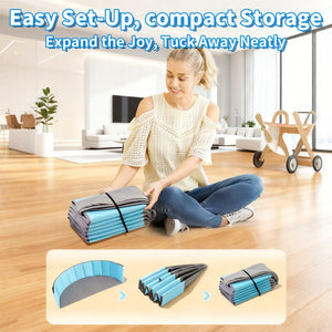 Woman folding a mat with text about easy set-up and compact storage in a living room at Pet Servo