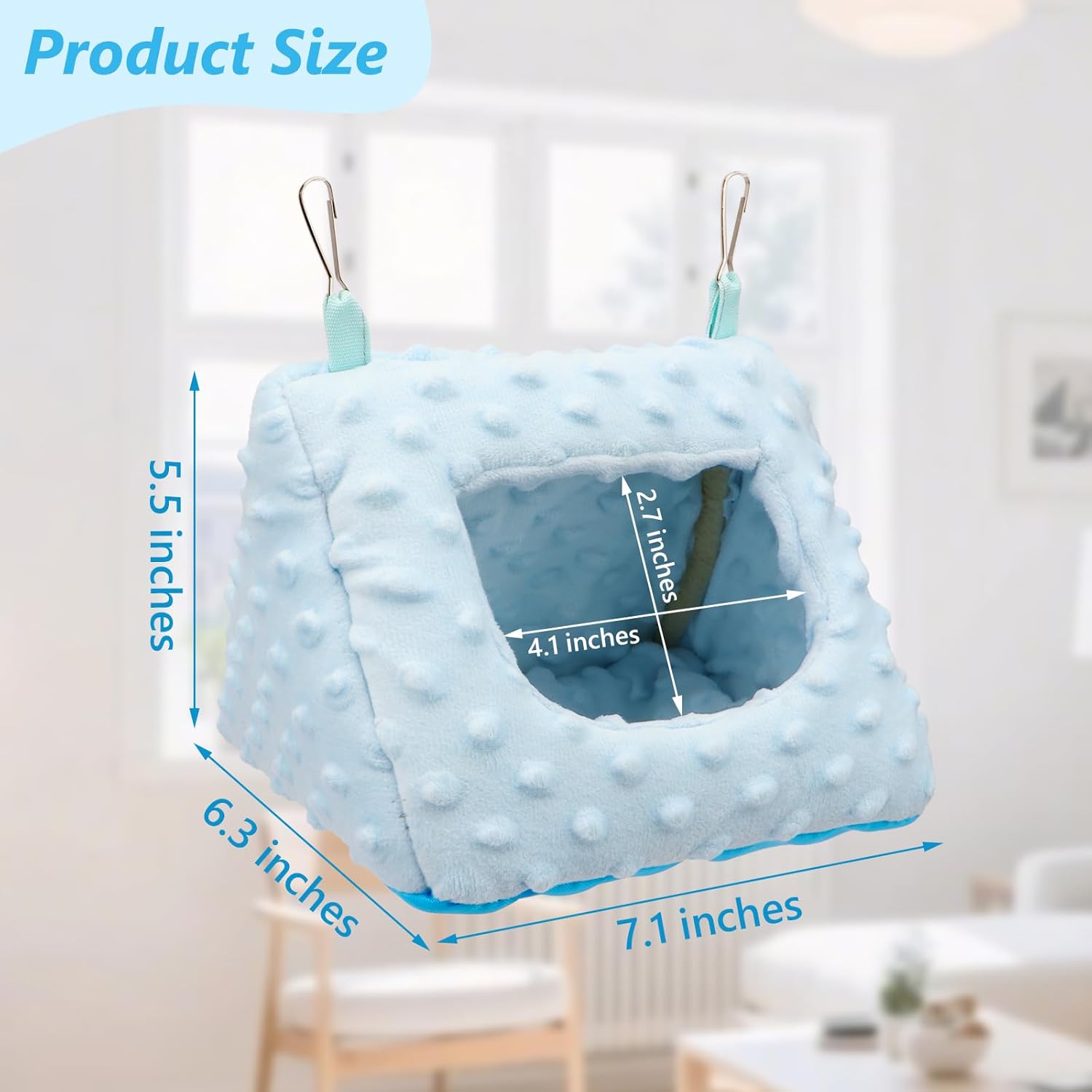 Blue pet hammock with dimensions labeled on a white background at Pet Servo