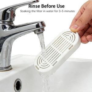 Filter being rinsed under running water from a faucet with text indicating soaking time at Pet Servo