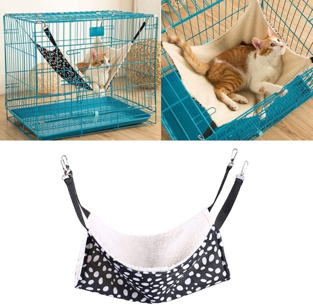 Cat hammock with polka dot pattern, cat in a blue cage, and cat in a hammock at Pet Servo
