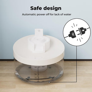 A white and clear cylindrical water dispenser or feeder shown on a light wood floor against a pale blue wall, with text reading 'Safe design' and 'Automatic power off for lack of water,' plus a circular inset showing a power plug icon at Pet Servo