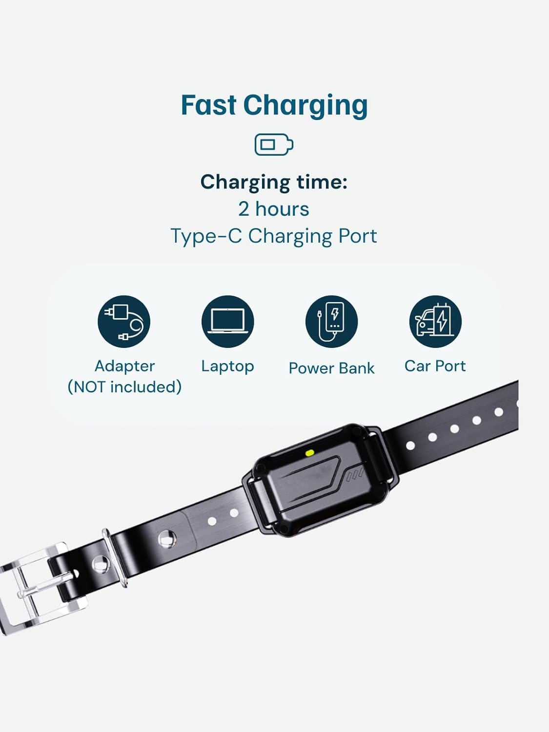Black dog collar with charging port and fast charging information on a white background at Pet Servo