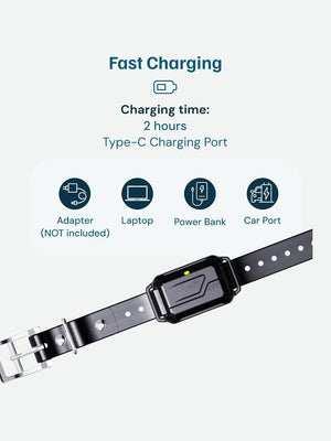 Black dog collar with charging port and fast charging information on a white background at Pet Servo