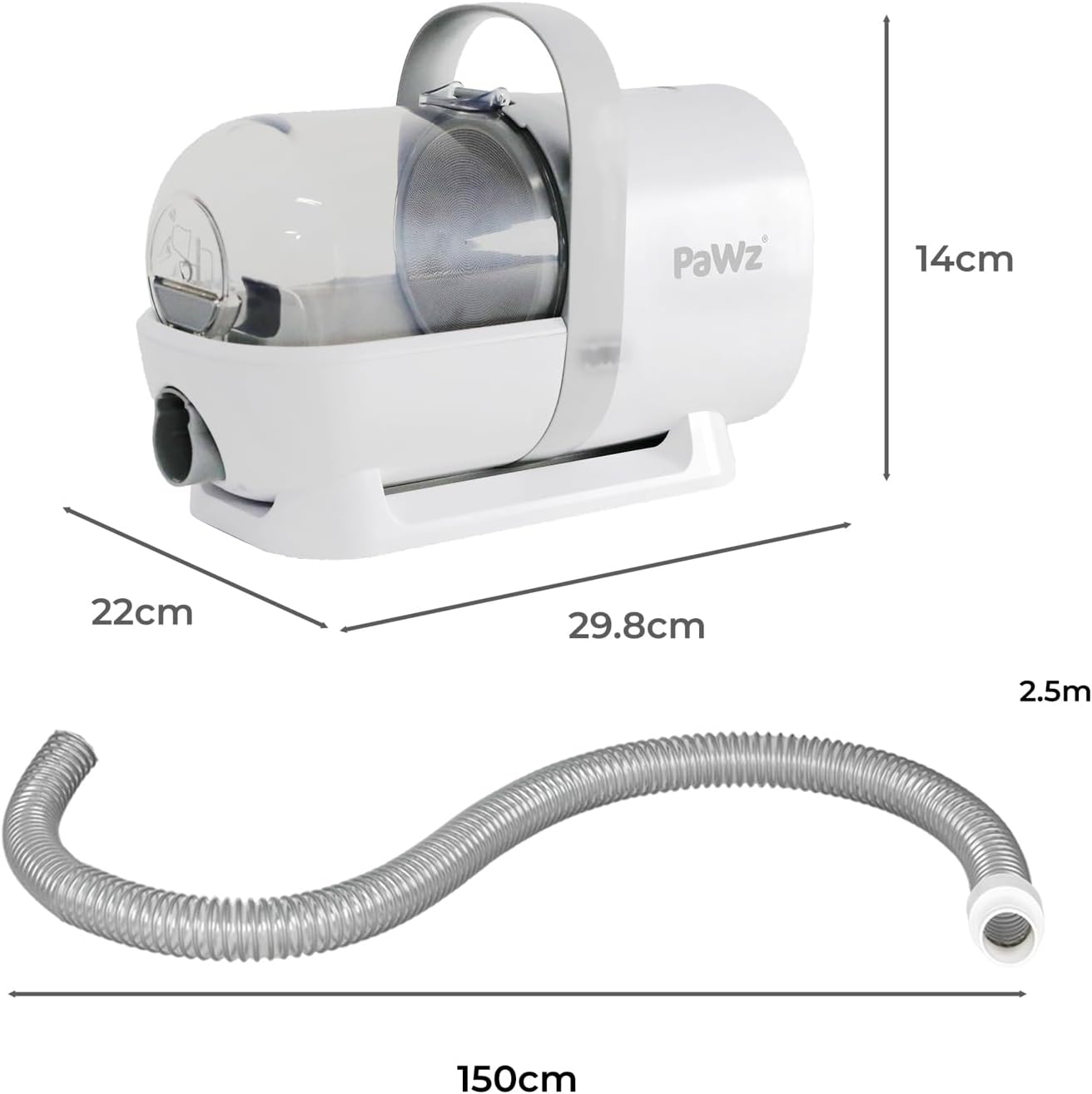 White PaWz shoe dryer with hose, showing dimensions on a white background at Pet Servo