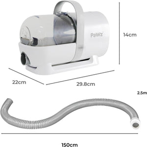 White PaWz shoe dryer with hose, showing dimensions on a white background at Pet Servo