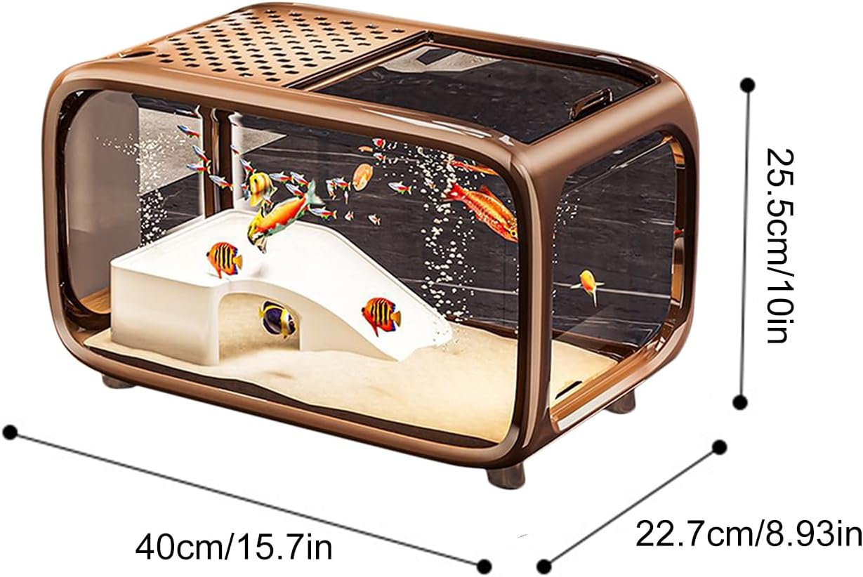 Small aquarium with fish and dimensions displayed at Pet Servo