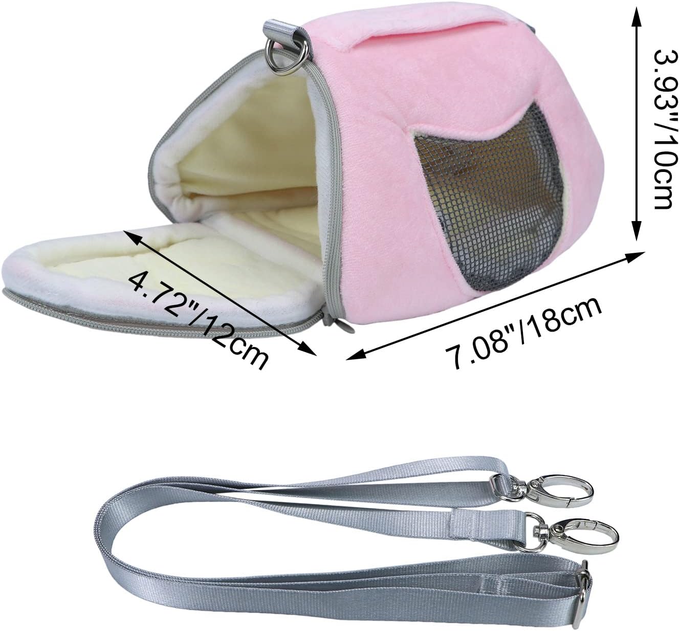 Pink pet carrier with dimensions and a gray leash on a white background at Pet Servo