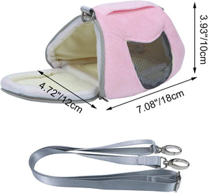 Pink pet carrier with dimensions and a gray leash on a white background at Pet Servo