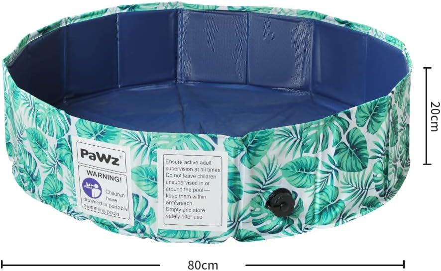 Collapsible pet pool with tropical leaf pattern and dimensions displayed at Pet Servo
