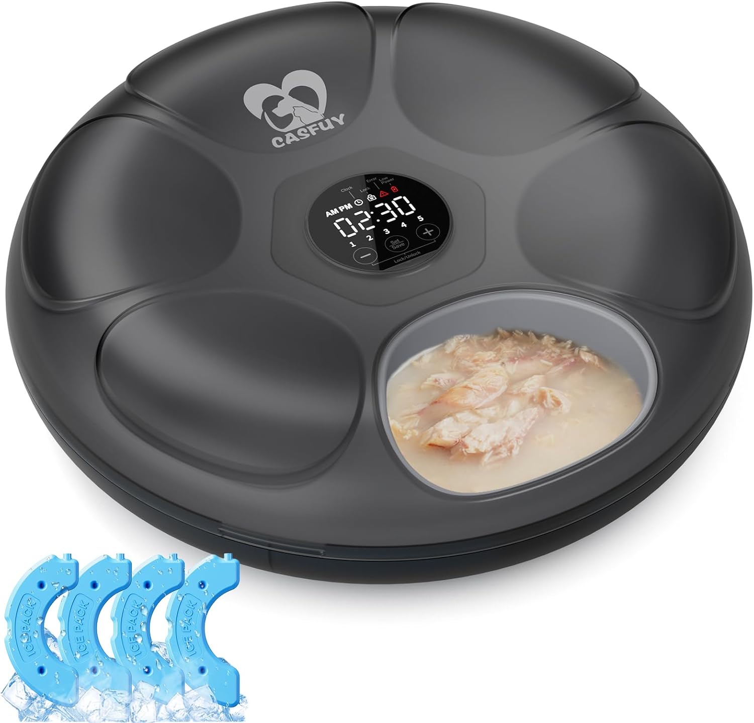 Black food warmer with digital display and compartments, featuring the brand 'CASFUY' at Pet Servo