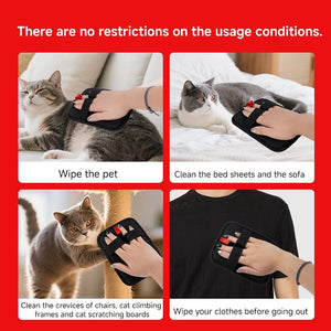 Product usage scenarios with a cat and a person using a black device on a red background at Pet Servo