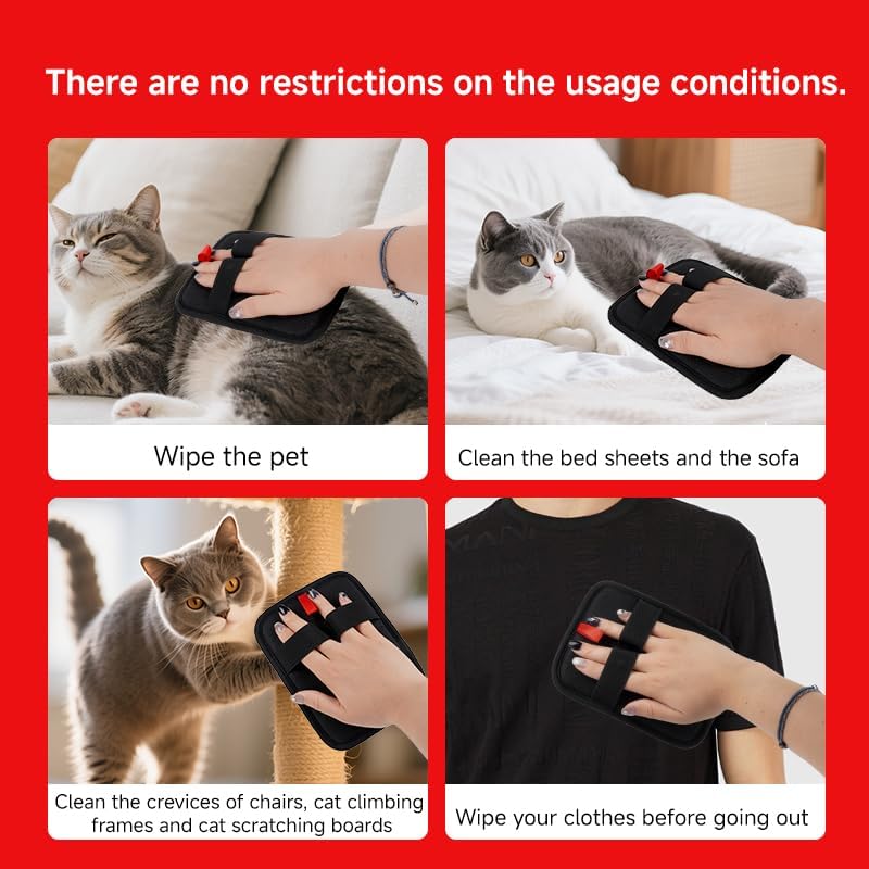 Product usage scenarios with a cat and a person using a black device on a red background at Pet Servo