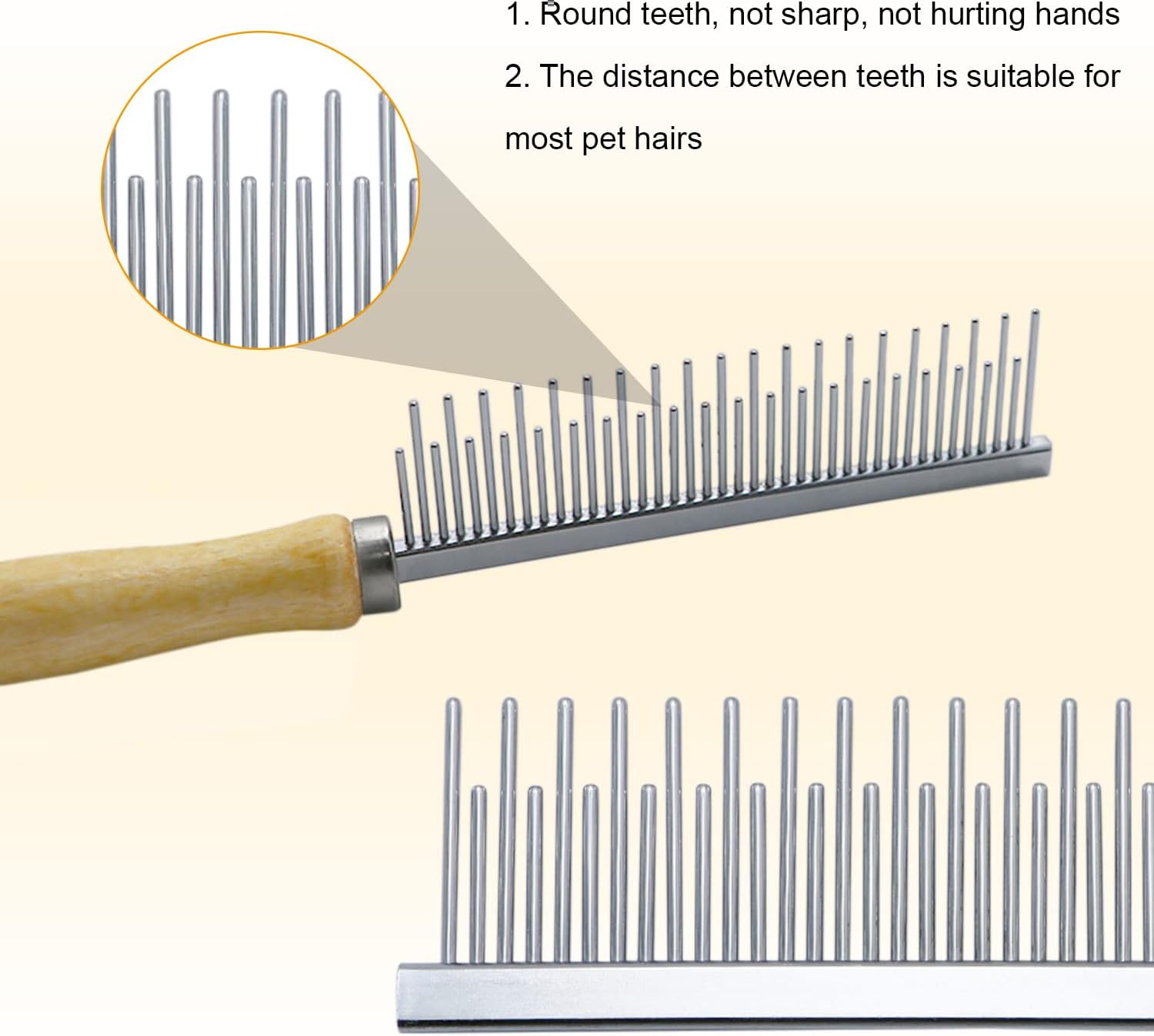 Pet grooming comb with wooden handle and metal teeth on a beige background at Pet Servo