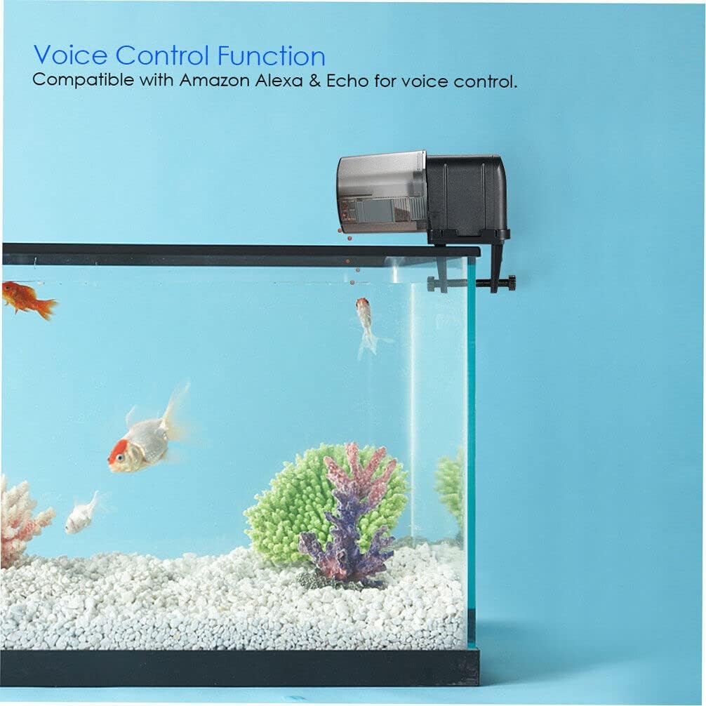 Fish tank with a fish and plants, featuring text about voice control function compatibility with Amazon Alexa & Echo at Pet Servo