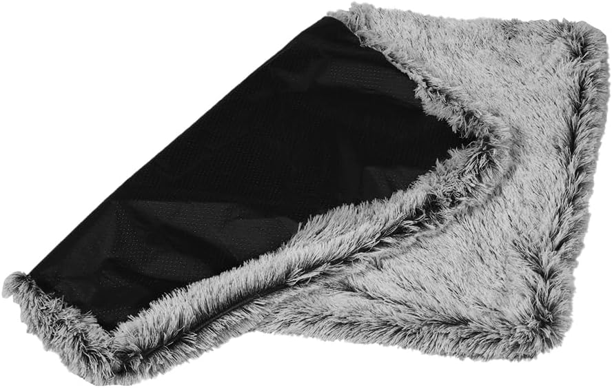 A black mesh or fabric panel with a thick, fluffy gray faux-fur trim, shown folded on a plain white background at Pet Servo