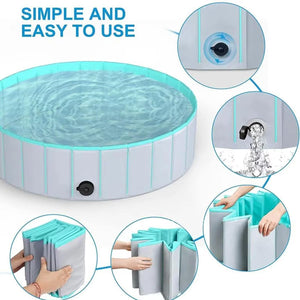 Inflatable pool with features and usage instructions on a white background at Pet Servo