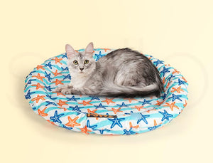 A gray and white cat lies on a round pet bed with a blue, orange, and white starfish pattern, set against a solid pale yellow background at Pet Servo