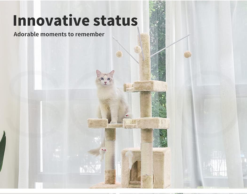 A cream-colored cat tree with multiple perches, a scratching post, and toy balls, shown with a white cat sitting on one of the platforms in front of sheer white curtains. Text on the top left reads 'Innovative status' and 'Adorable moments to remember' at Pet Servo