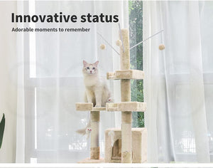 A cream-colored cat tree with multiple perches, a scratching post, and toy balls, shown with a white cat sitting on one of the platforms in front of sheer white curtains. Text on the top left reads 'Innovative status' and 'Adorable moments to remember' at Pet Servo