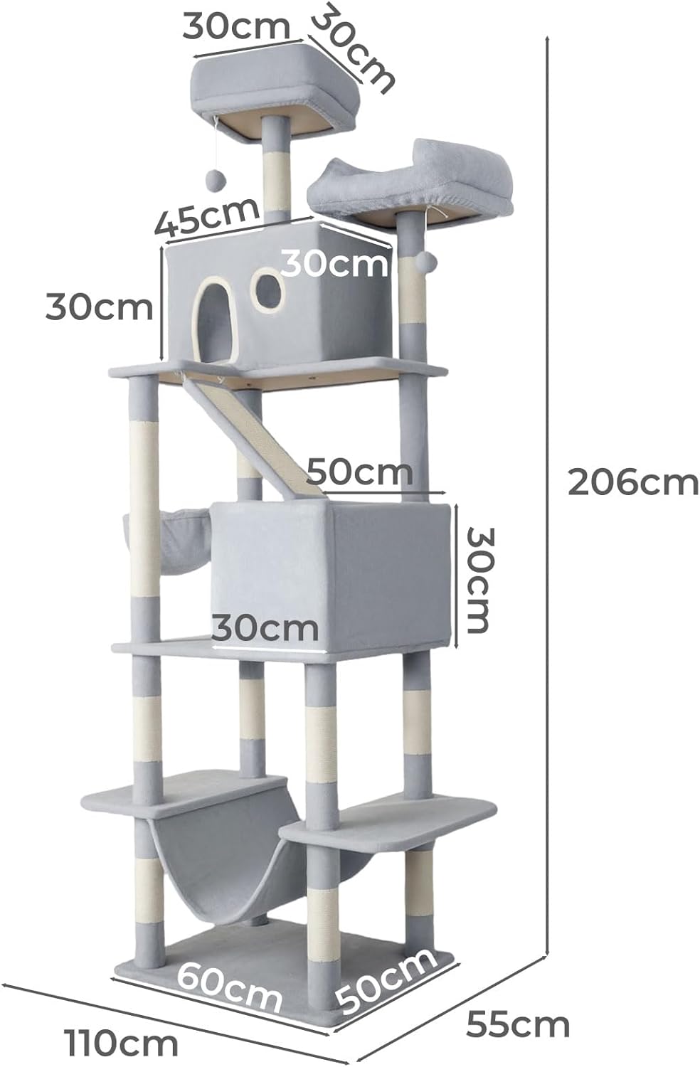 A tall gray cat tree with multiple platforms, a small, enclosed house, a ramp, and a top perch, shown with overlaid dimension labels and measurements on a white background at Pet Servo
