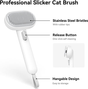 Cat grooming brush with labeled features on a white background at Pet Servo