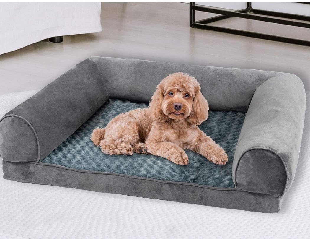 Dog lying on a gray pet bed in a home setting at Pet Servo