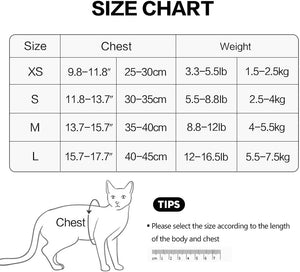Cat size chart with chest and weight measurements at Pet Servo