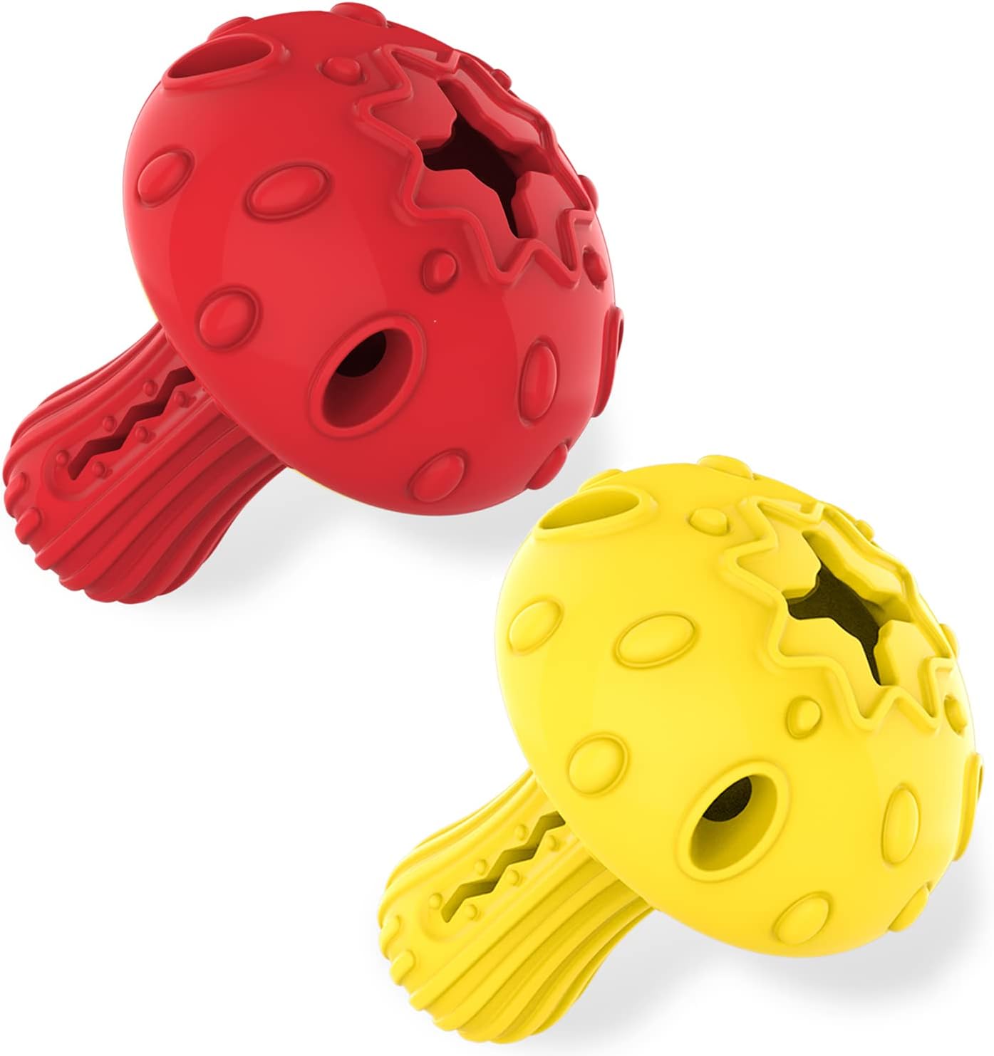 Red and yellow dog toys with textured surfaces on a white background at Pet Servo