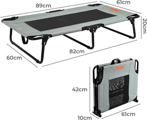 Foldable camping bed with dimensions labeled on a white background at Pet Servo