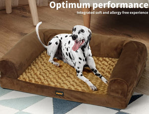 Dog lying on a brown pet bed with 'Optimum performance' text above at Pet Servo