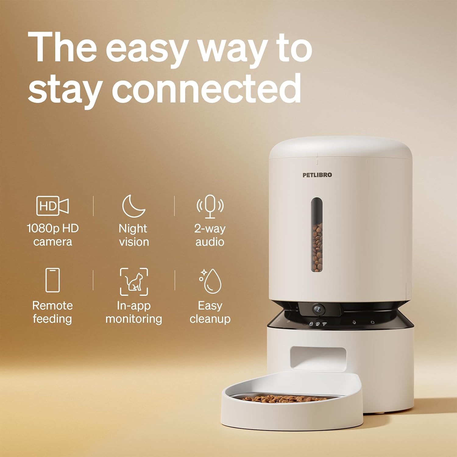 White pet feeder with features listed on a beige background