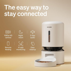 White pet feeder with features listed on a beige background