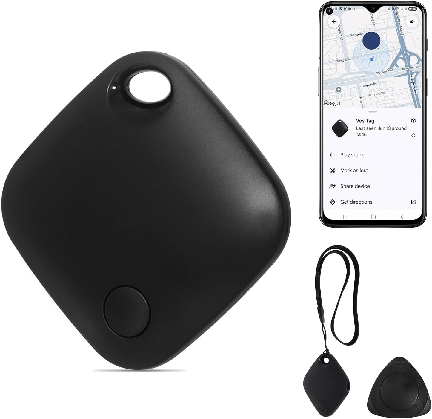 Black GPS tracker with smartphone app interface on a white background at Pet Servo